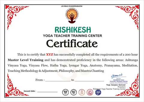 Sample 200 hour yoga teacher training certificate of Rishikesh Yoga Teacher Training Center