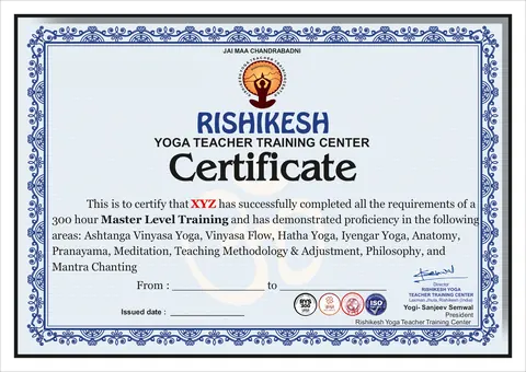 Sample 300 hour yoga teacher training certificate of Rishikesh Yoga Teacher Training Center