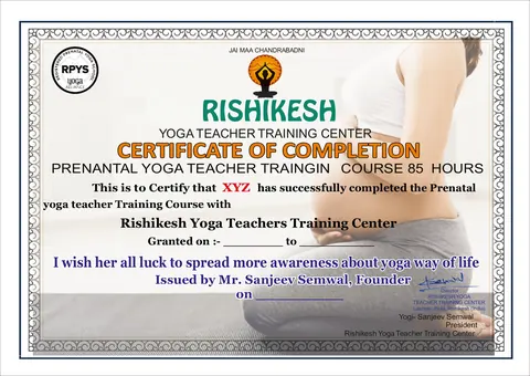 Sample 85 hour prenatal yoga teacher training certificate of completion